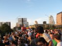 Looking at the crowd on the Guadalupe/South-1st bridge.  The thing raising from behind the semi is the back of a video display.  Impressive.